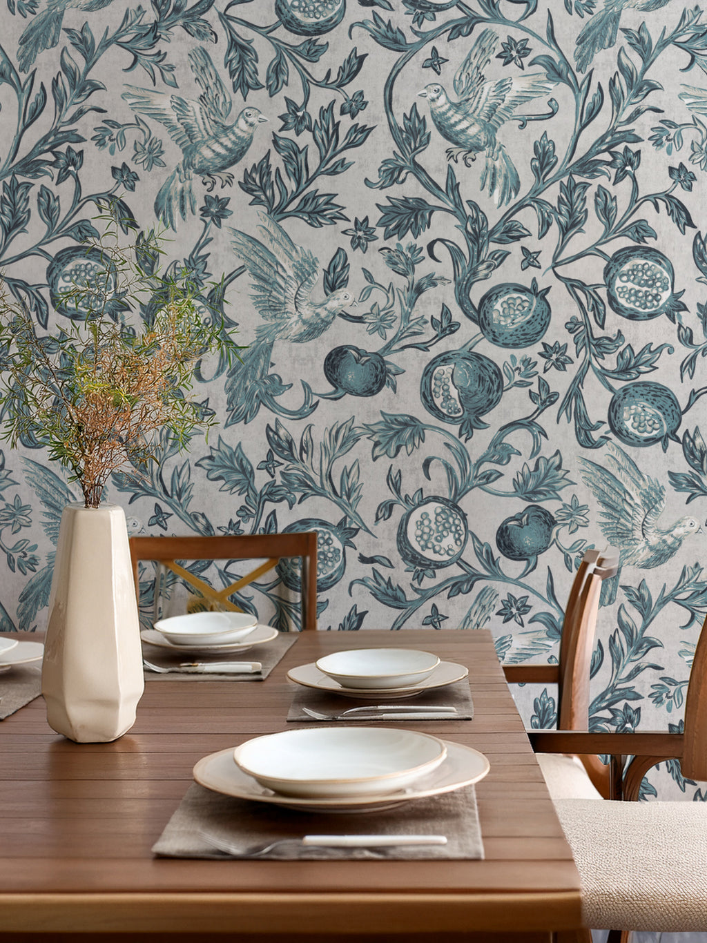Pomegranate Grove Wallpaper | Floral & Bird Wallpaper